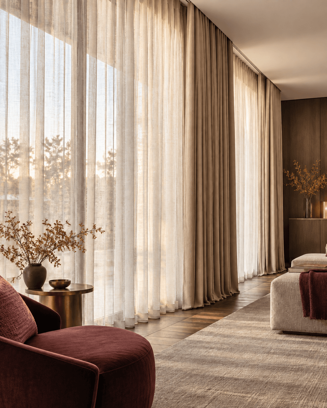 Cortinas y visillos a medida filtrando la luz natural de un salón