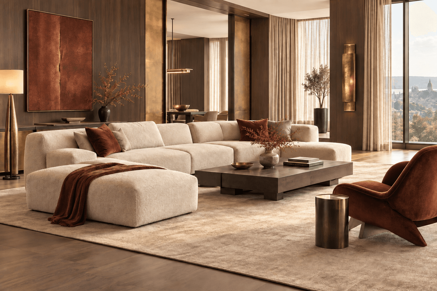 Composición residencial con sofá modular, butaca y mesa de diseño original