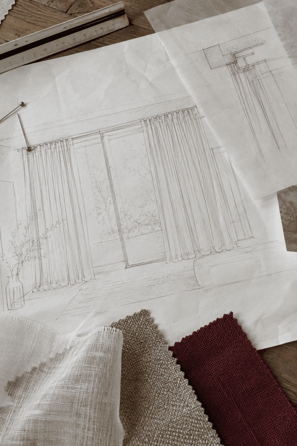 Alzado y detalle técnico de cortinas junto a muestras de visillo y tejidos
