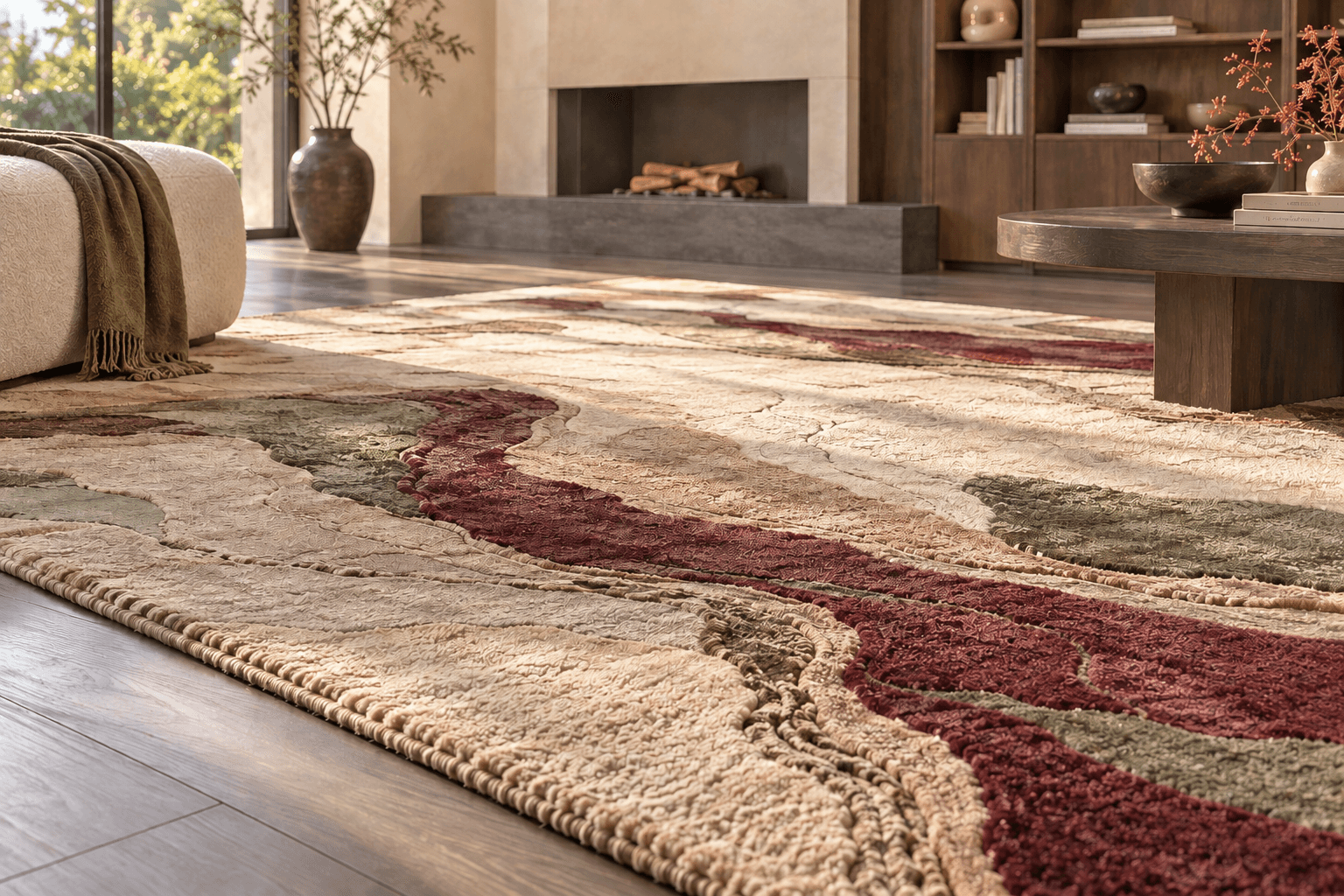 Alfombra artesanal de lana y seda con diseño abstracto en un salón contemporáneo